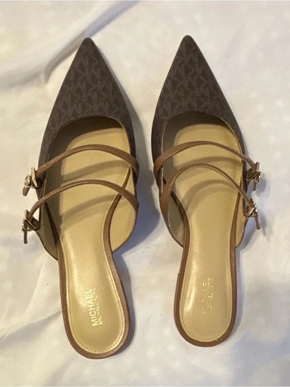 Michael Kors Brown Logo Pointed Toe Double-Strap Mules